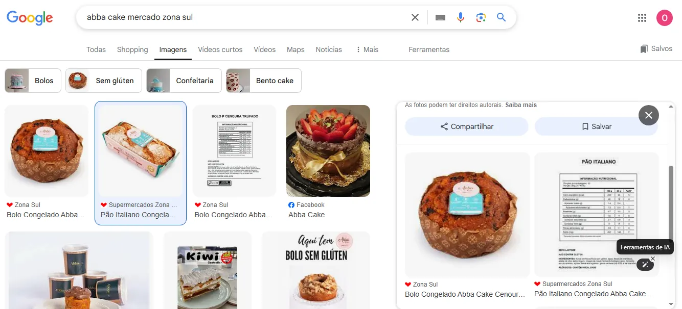 Resultados de busca mostrando o Abba Cake no site do Zona Sul